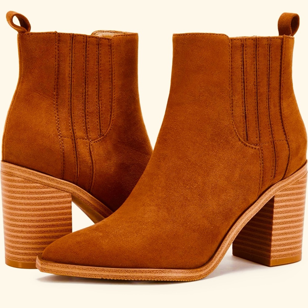 Ankle Boots Slip on Pointed Toe Chunky Block Mid Heel Casual Chelsea Western